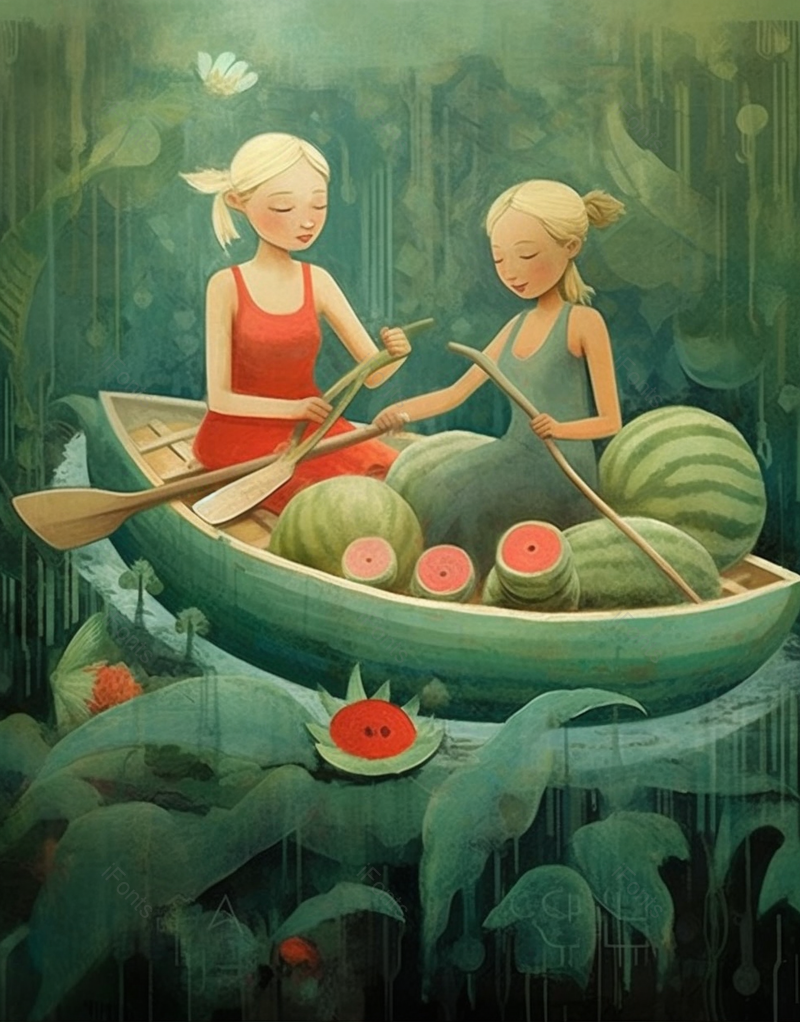 丰收夏天小暑裙子女孩们乘船漂流冒险西瓜水果插画,插画/手绘图,插画/手绘图库,插画/手绘图下载,插画/手绘